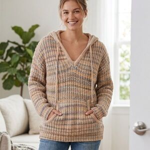 Aerie Pastel Rainbow Multi Knit Wool Blend Hooded Sweater